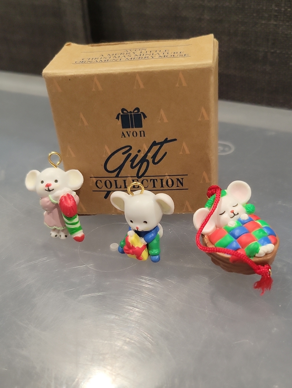 Avon White Mouse Trio Holiday Ornaments with Red & Green Accents